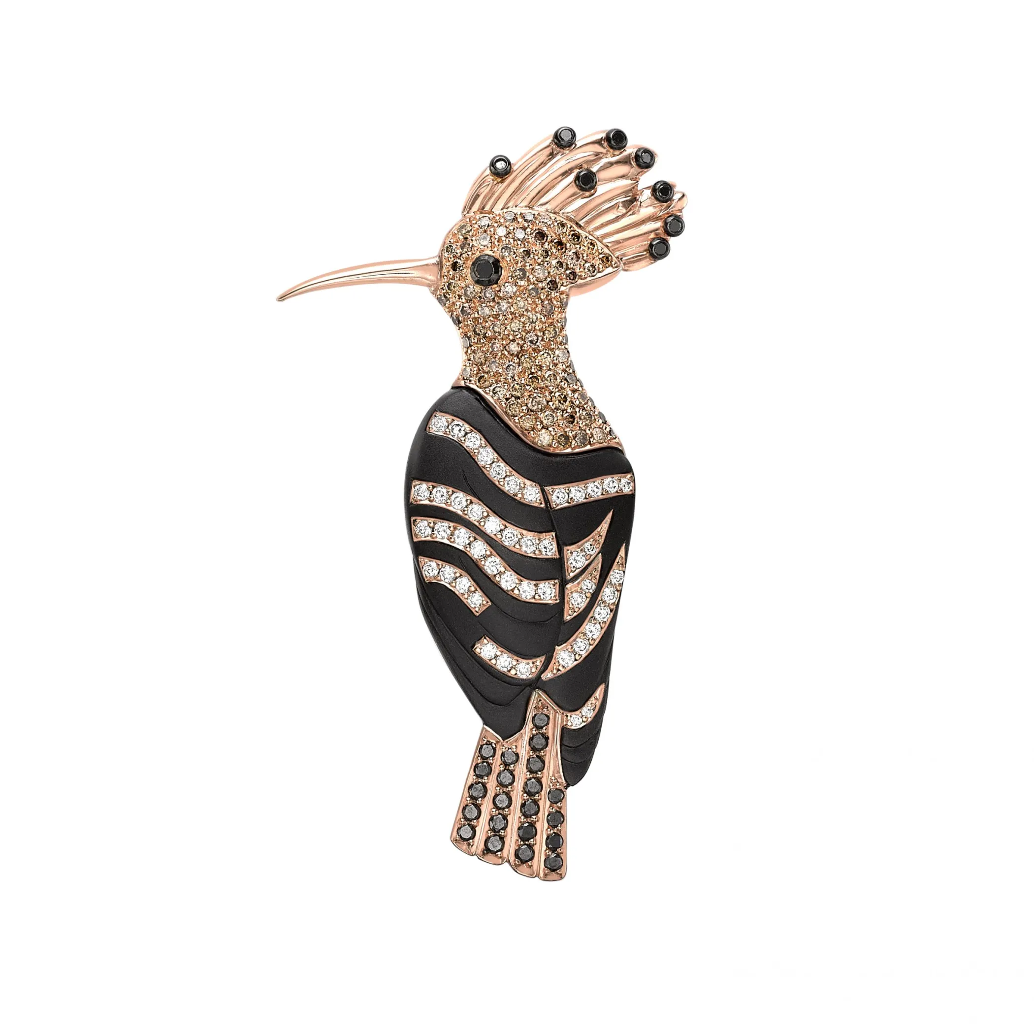 Theo Fennell Jewellery | One Off Pieces*Black, White & Cognac Diamond Hoopoe Bird Brooch