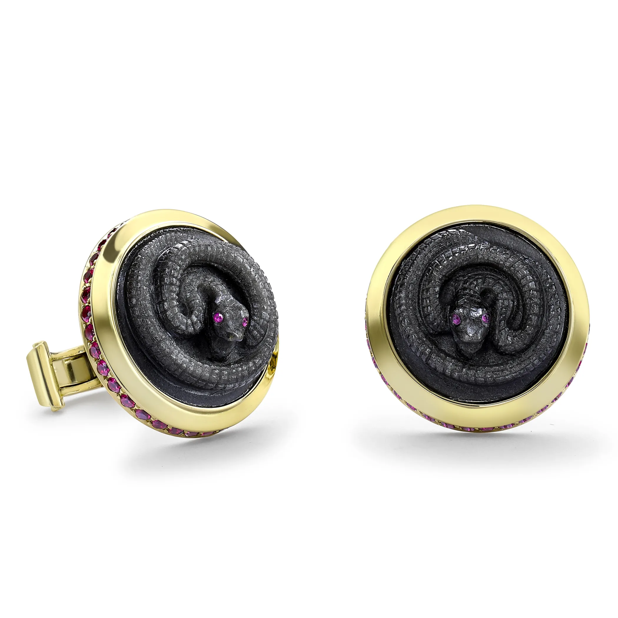 Theo Fennell Silverware | Jewellery*Carved Silver Obsidian & Ruby Snake Cufflinks