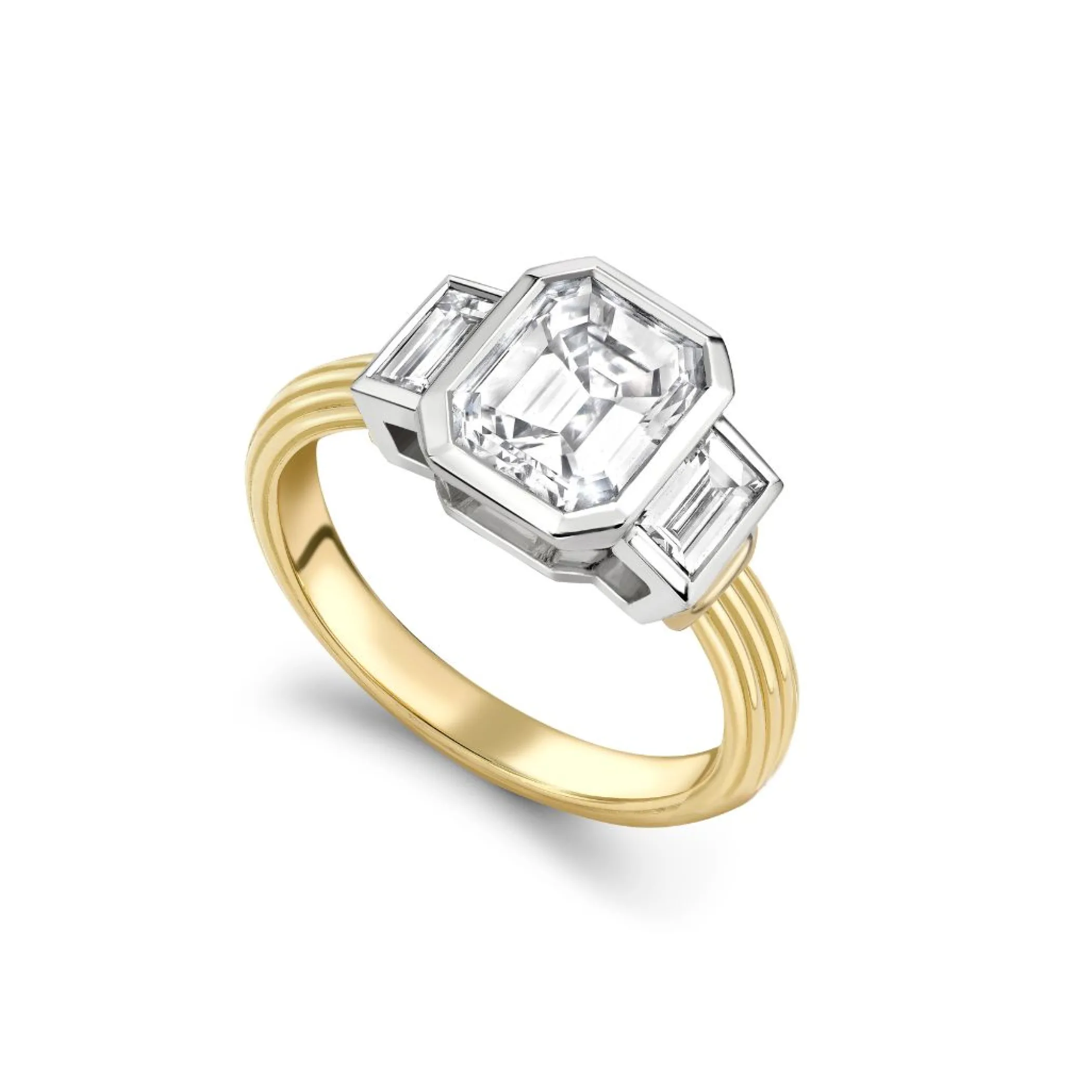 Theo Fennell Jewellery | Rings*2.49ct Emerald and Baguette Diamond Three Stone Rail Ring