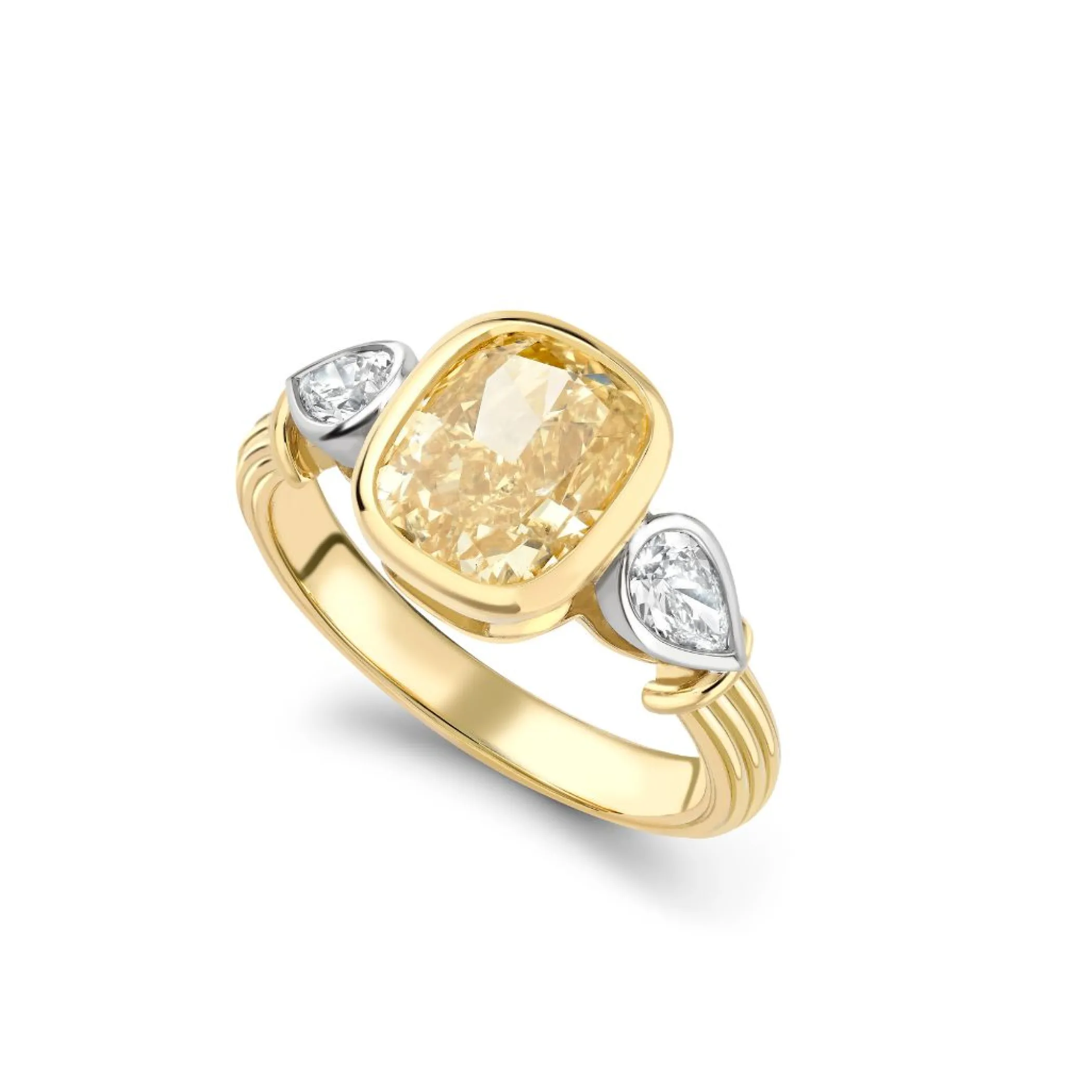 Theo Fennell Jewellery | One Off Pieces*3.00ct Yellow Cushion Diamond Three Stone Rail Ring