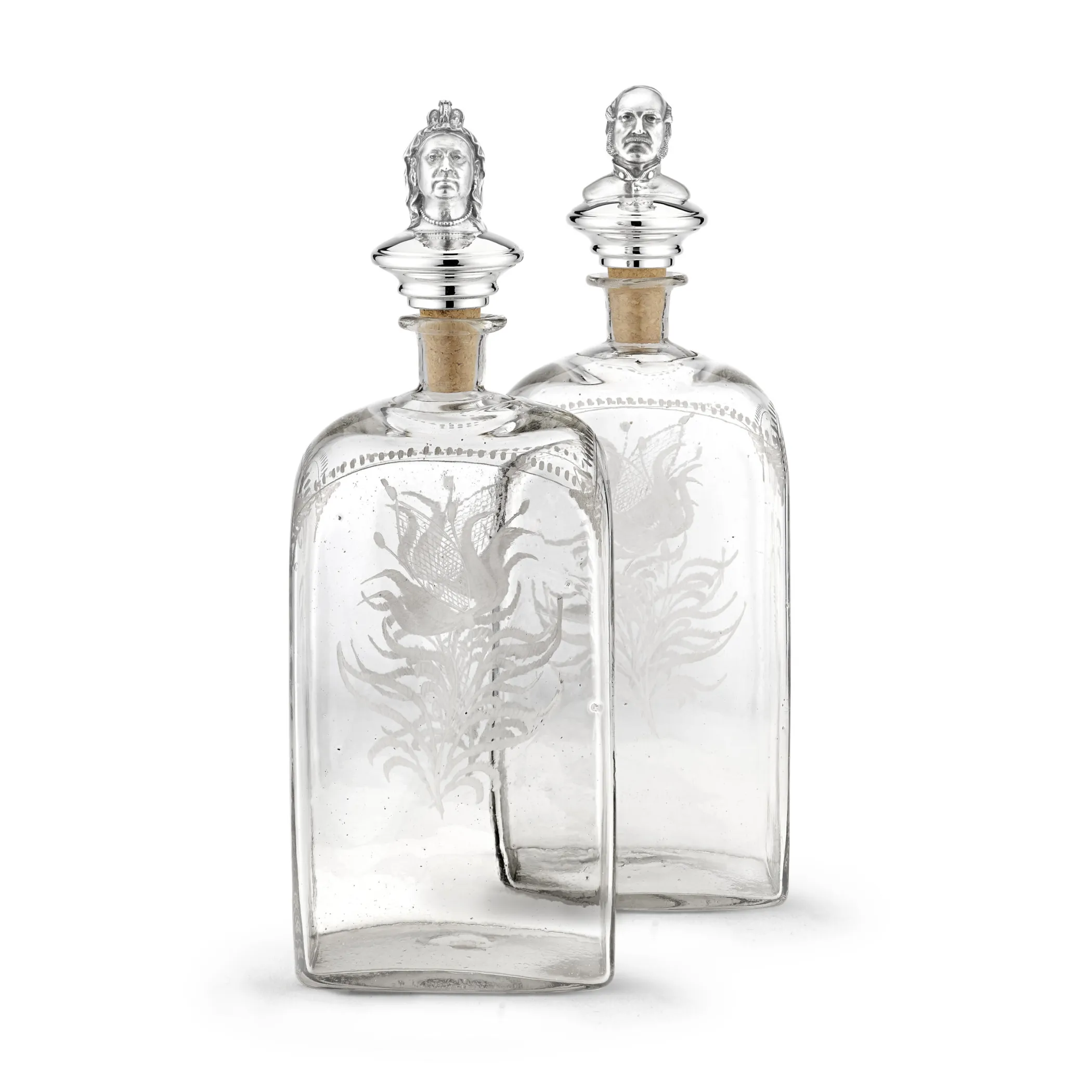 Theo Fennell Silverware*Pair of Victoria and Albert Antique Engraved Decanter Bottles