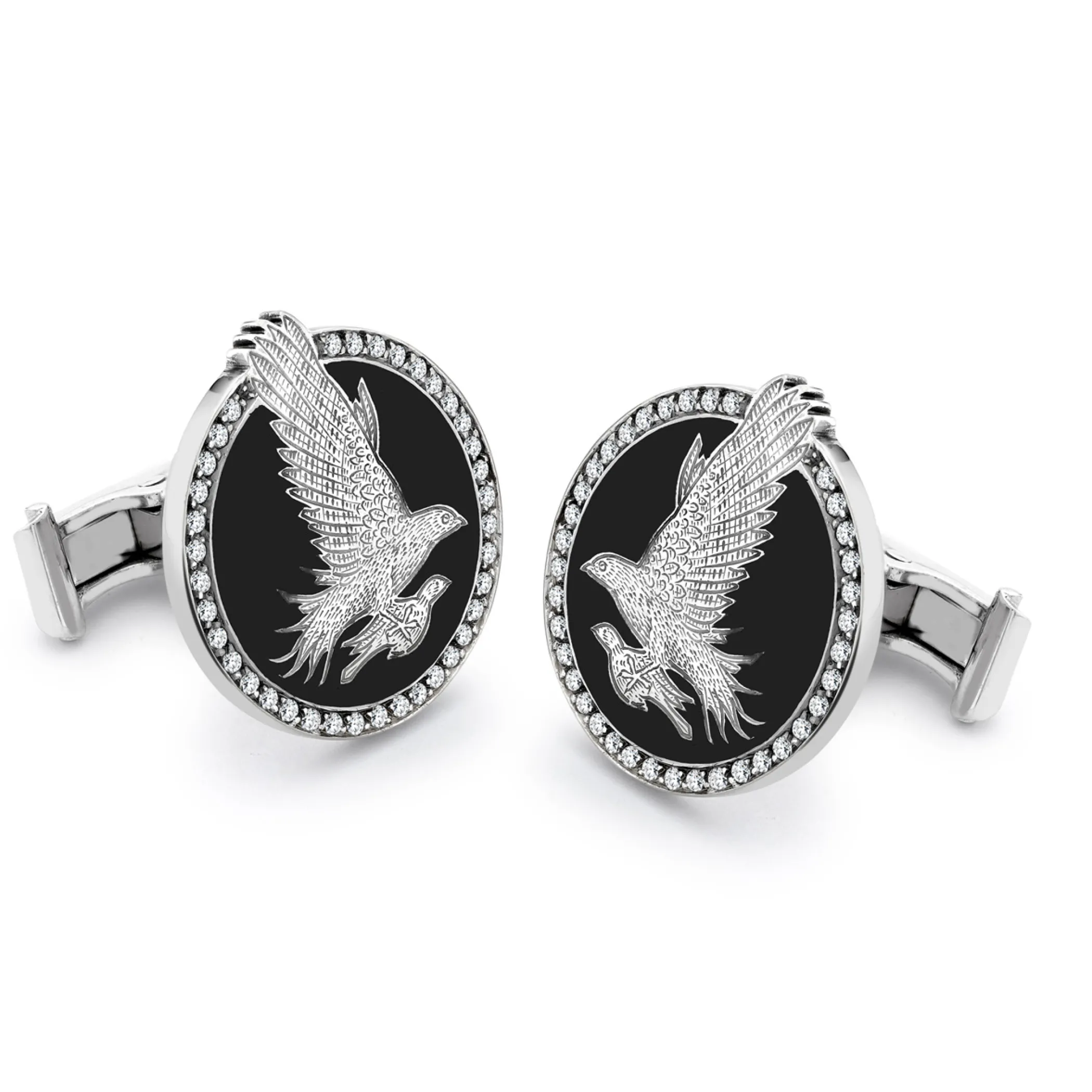 Theo Fennell Jewellery | Cufflinks*Pave Diamond & Black Enamel Gyrfalcon Cufflinks