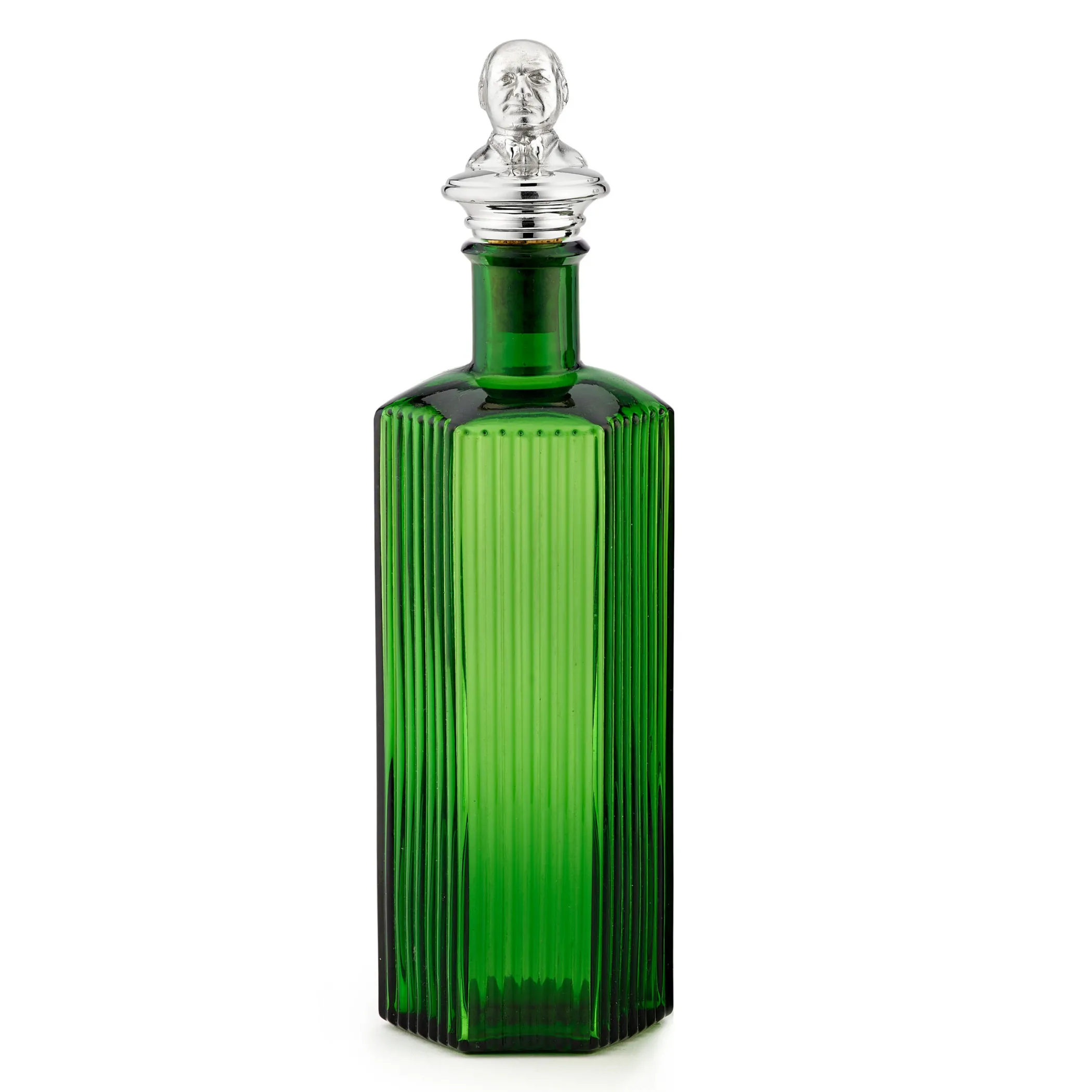 Theo Fennell Silverware*Silver Churchill Stopper on Small Green Poison Bottle