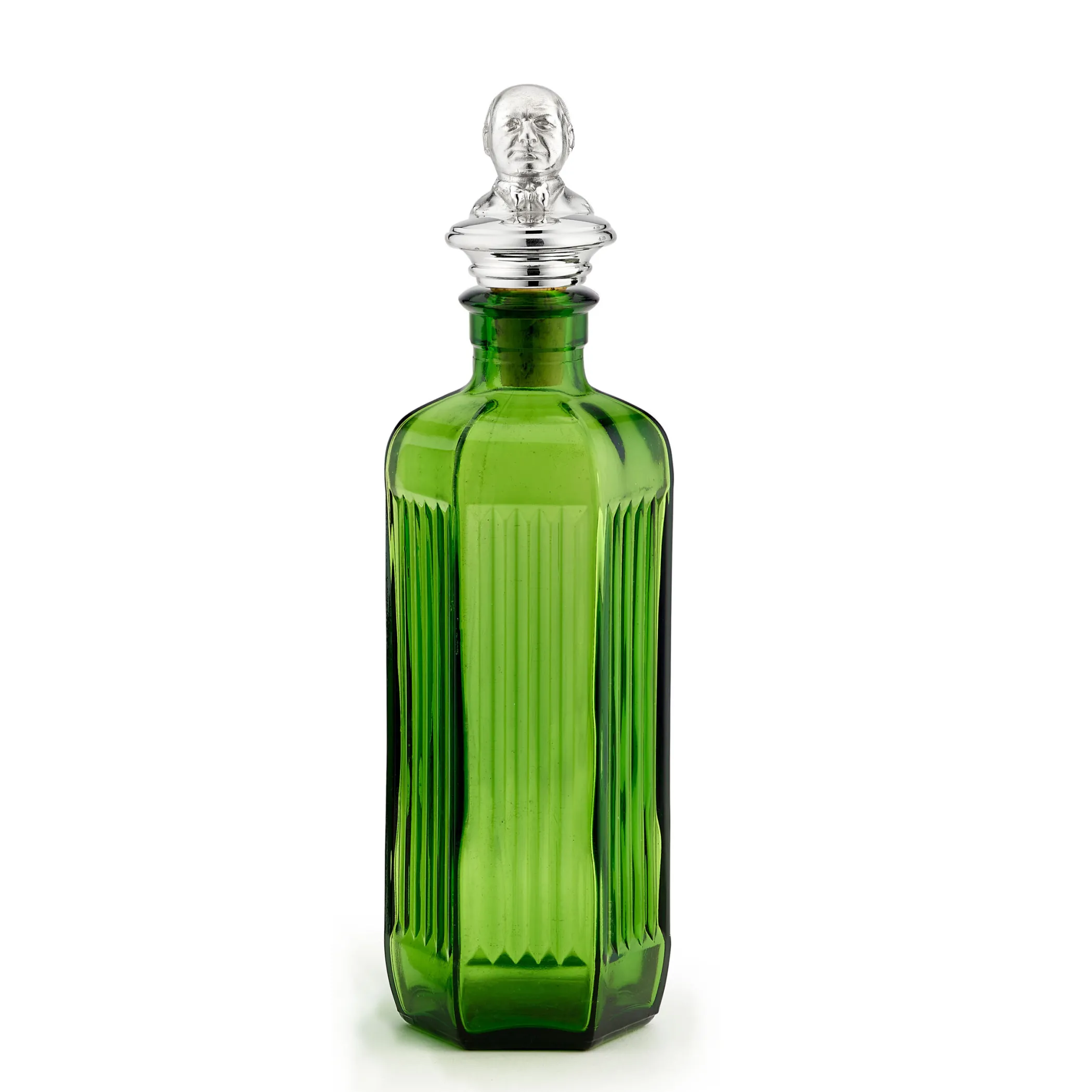 Theo Fennell Silverware*Silver Churchill Stopper on Small Green Poison Bottle