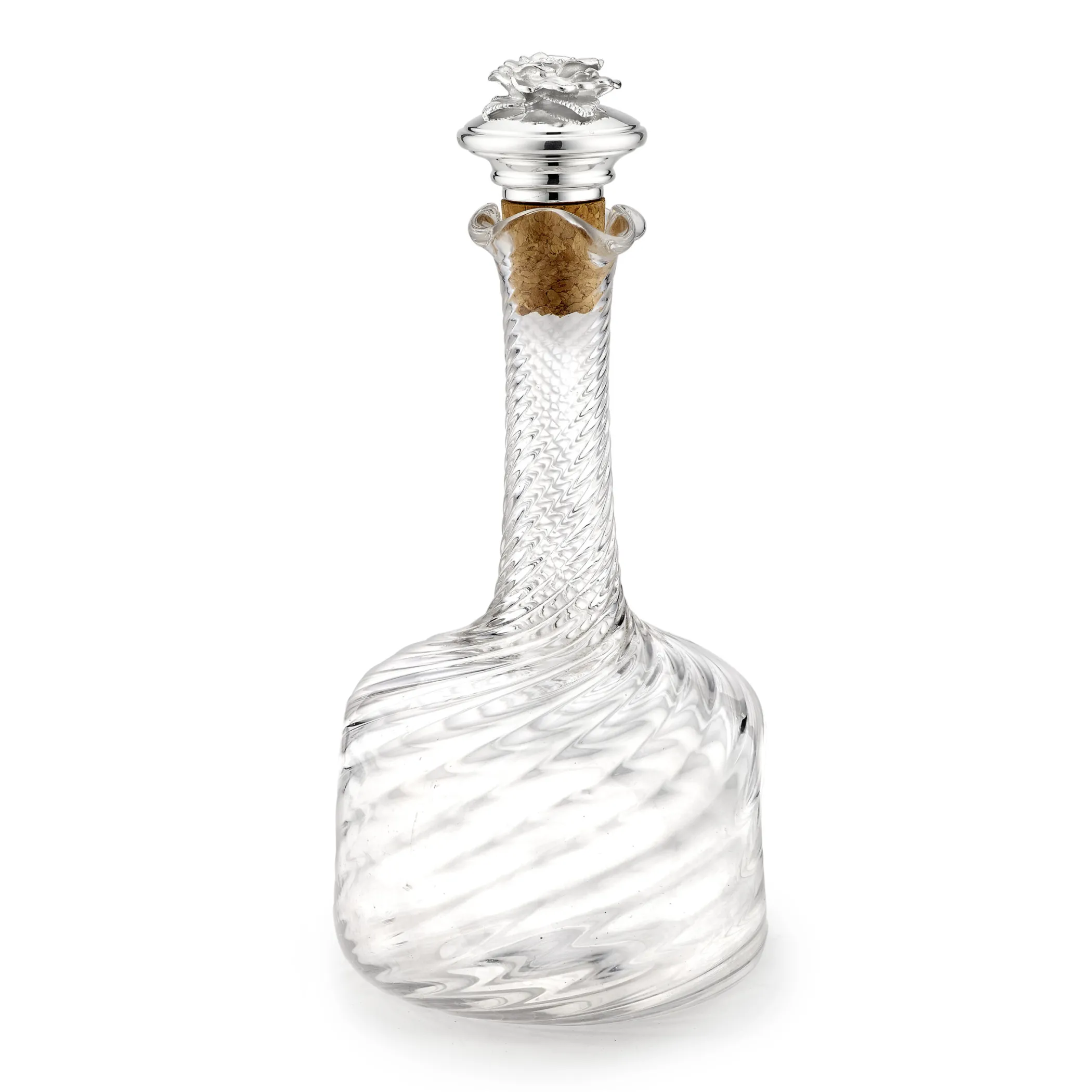 Theo Fennell Silverware*Silver Rose Stopper on Antique Swirl Decanter