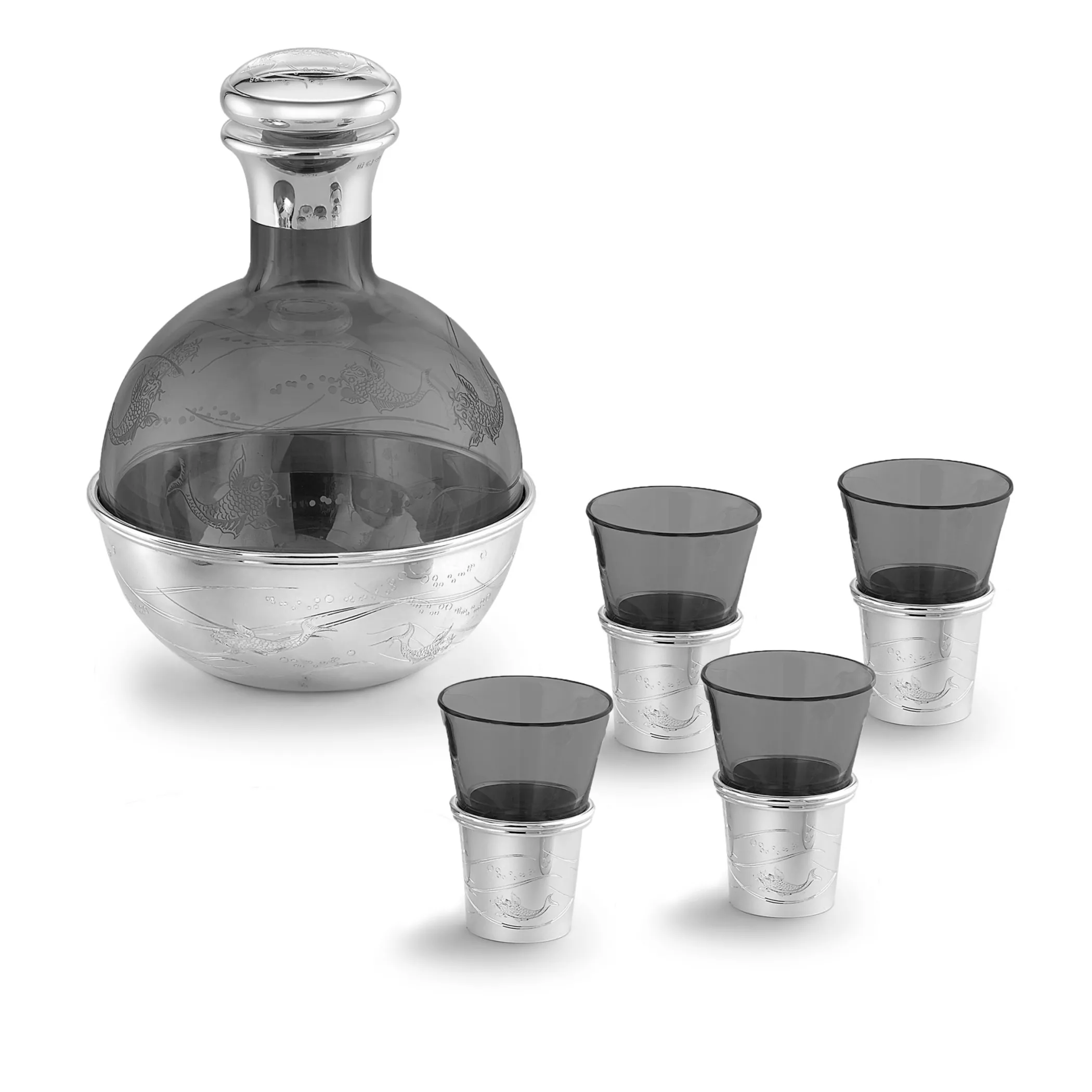 Theo Fennell Silverware*Smoke Crystal Decanter & Glasses Cased Set