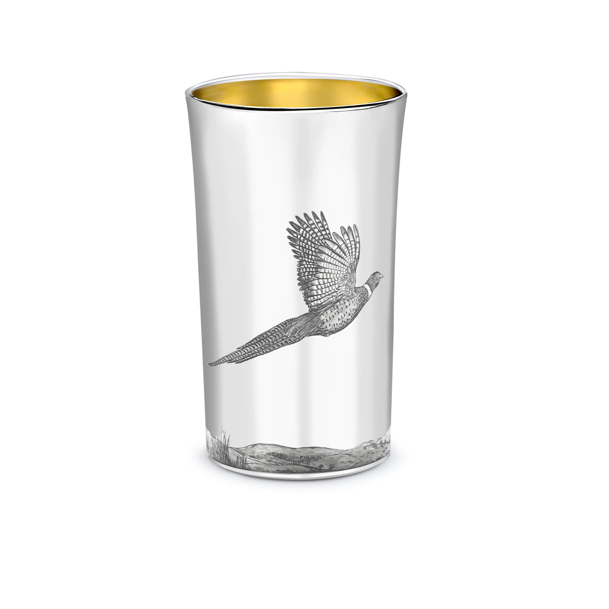 Theo Fennell Silverware*Straight Sided Flared Top Beaker Engraved with a Pheasant Scene