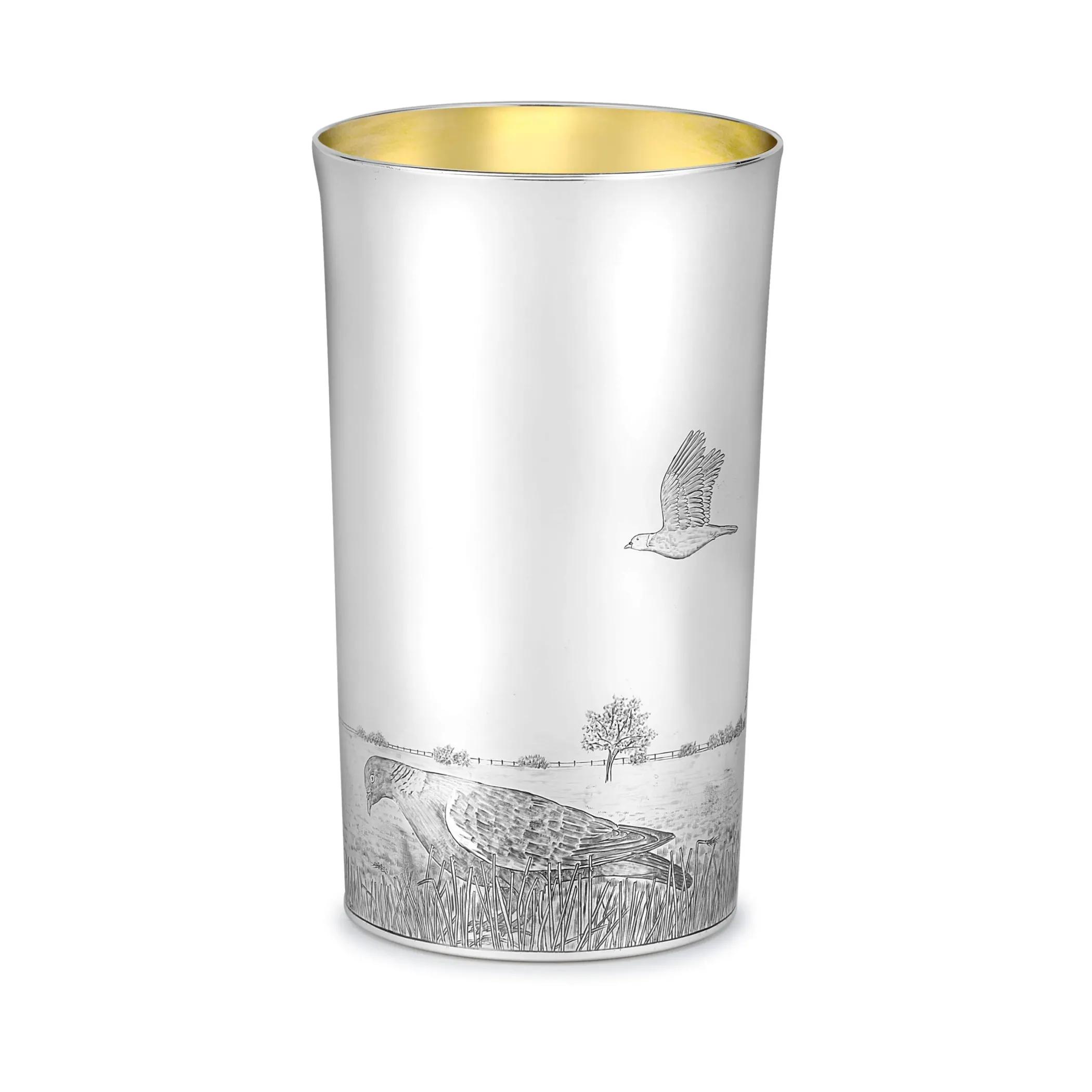 Theo Fennell Silverware*Straight Sided Flared Top Beaker Engraved with a Pigeon Scene
