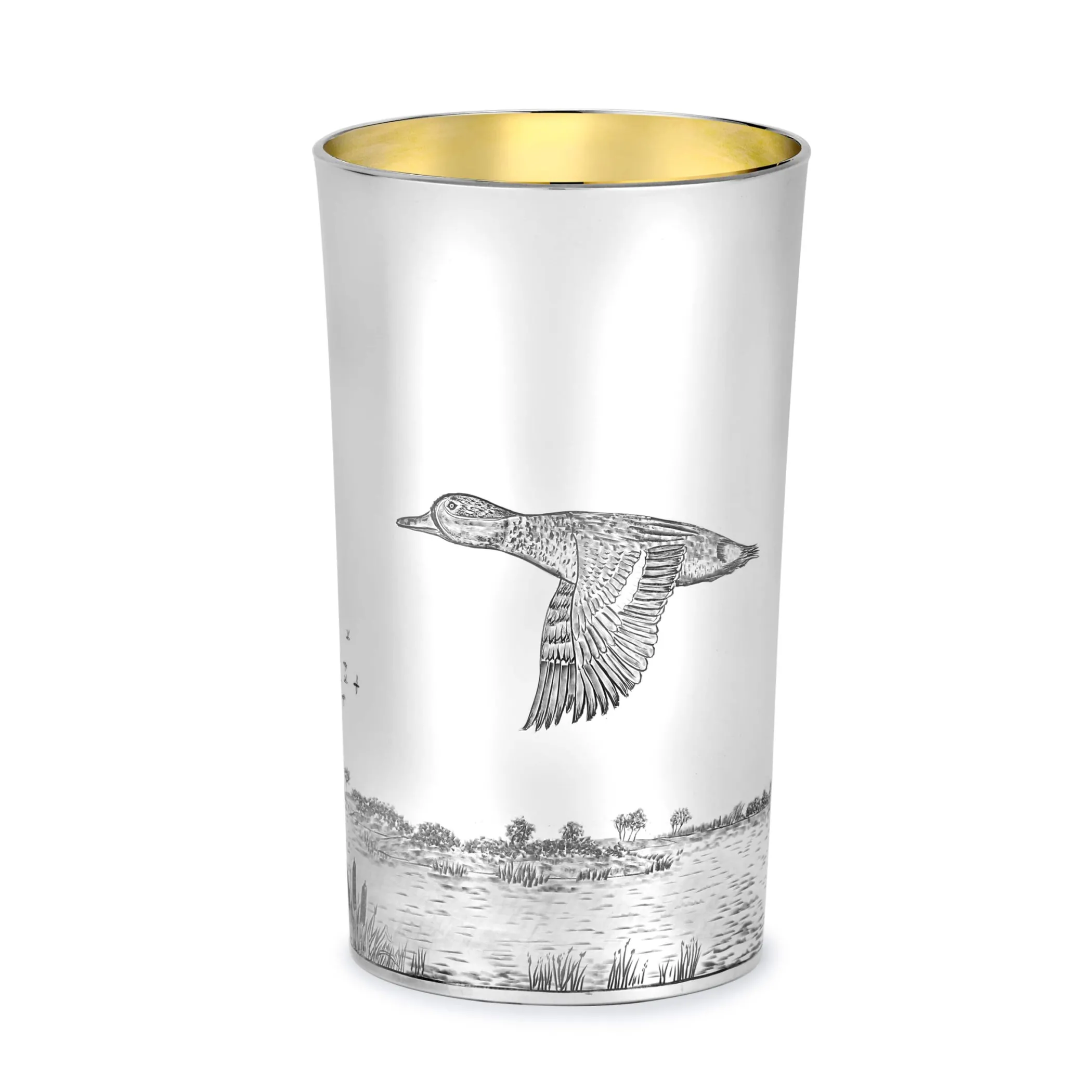 Theo Fennell Silverware*Straight Sided Flared Top Beaker Engraved with a Teal Scene