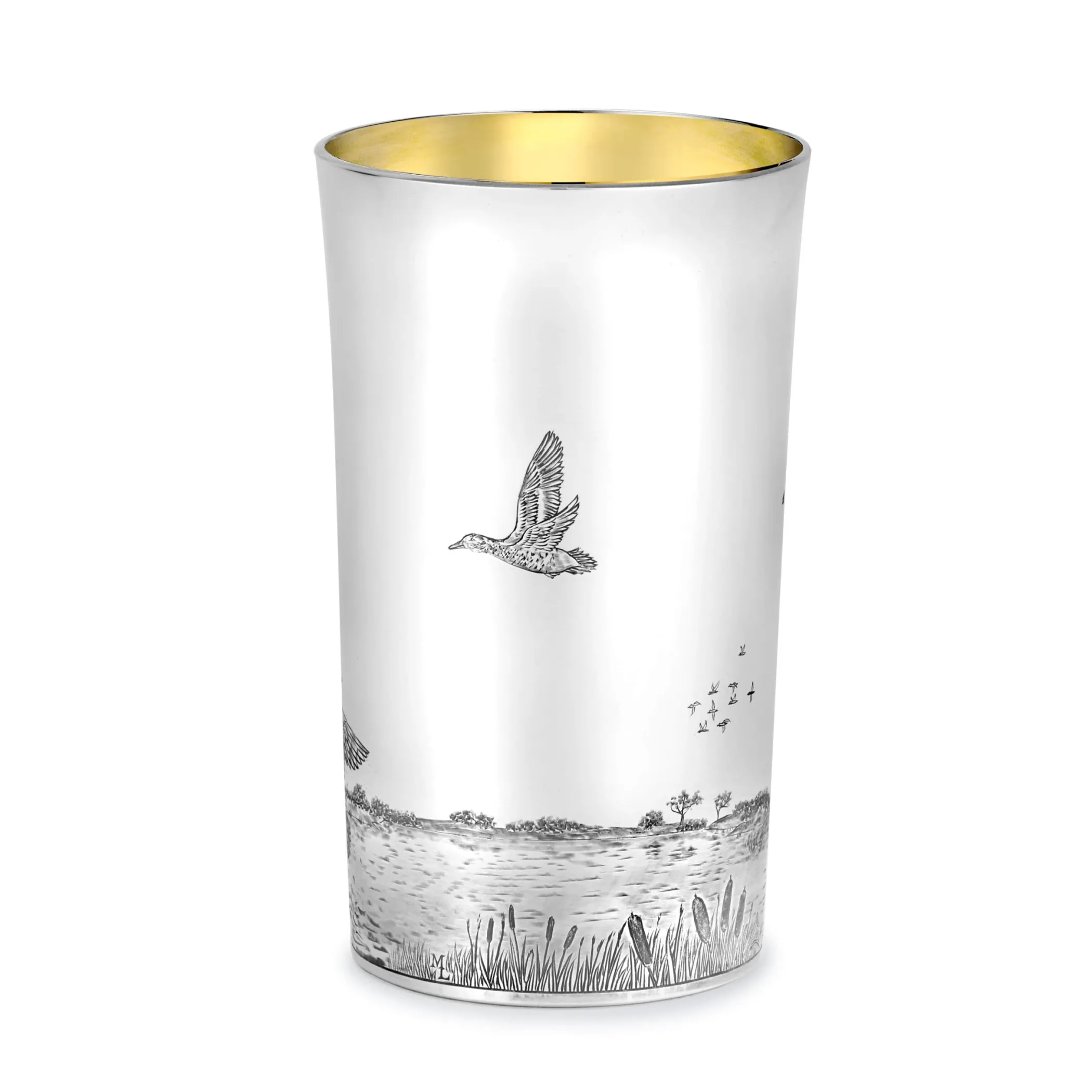 Theo Fennell Silverware*Straight Sided Flared Top Beaker Engraved with a Golden Plover Scene