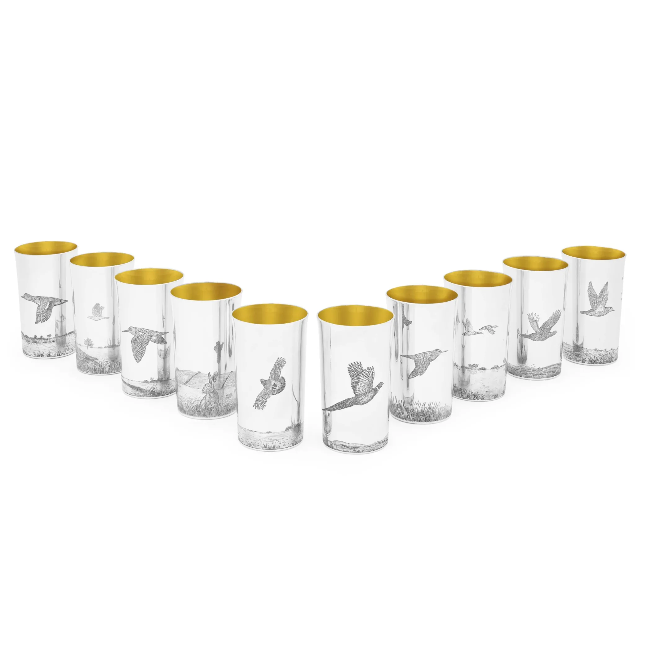 Theo Fennell Silverware*Ten Silver Flared Beakers with Engraved Game Bird Scenes