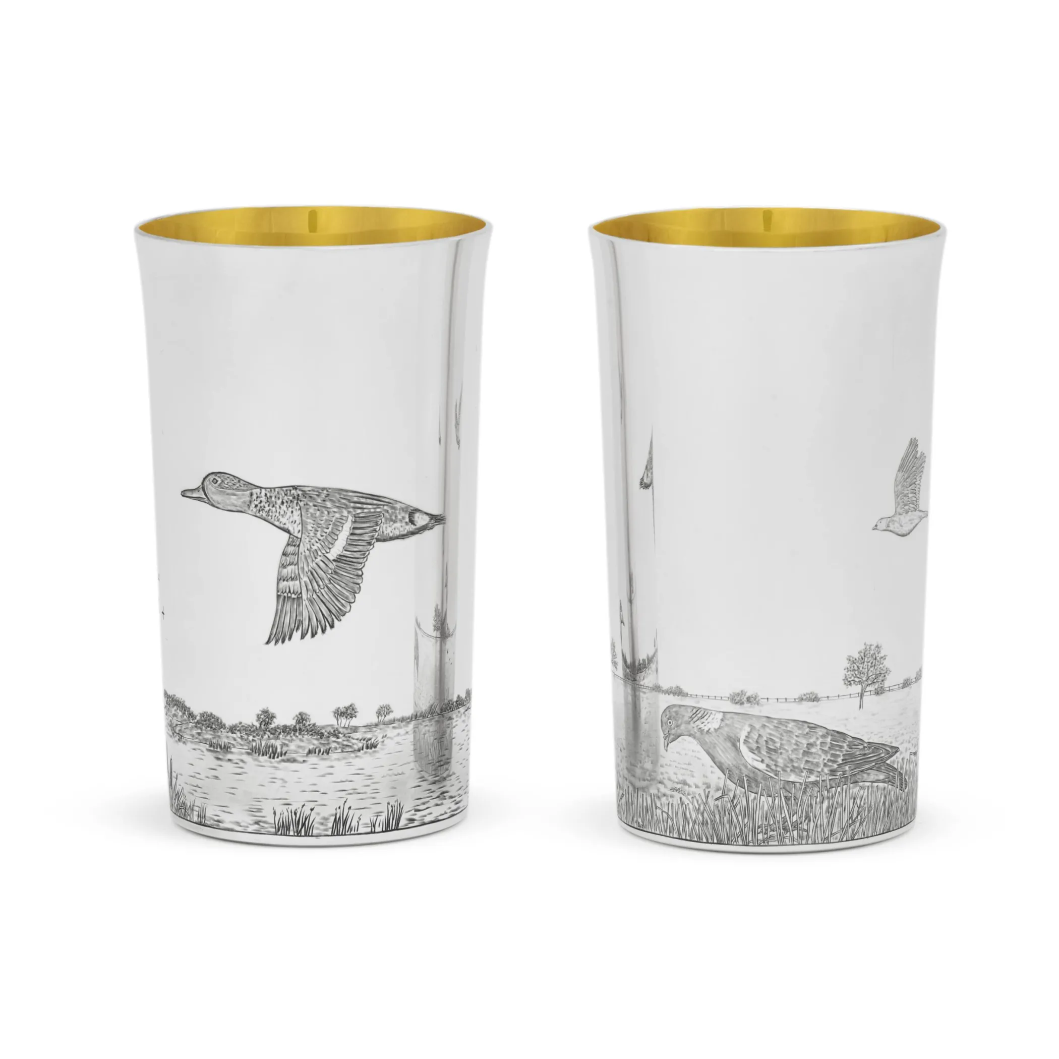 Theo Fennell Silverware*Ten Silver Flared Beakers with Engraved Game Bird Scenes