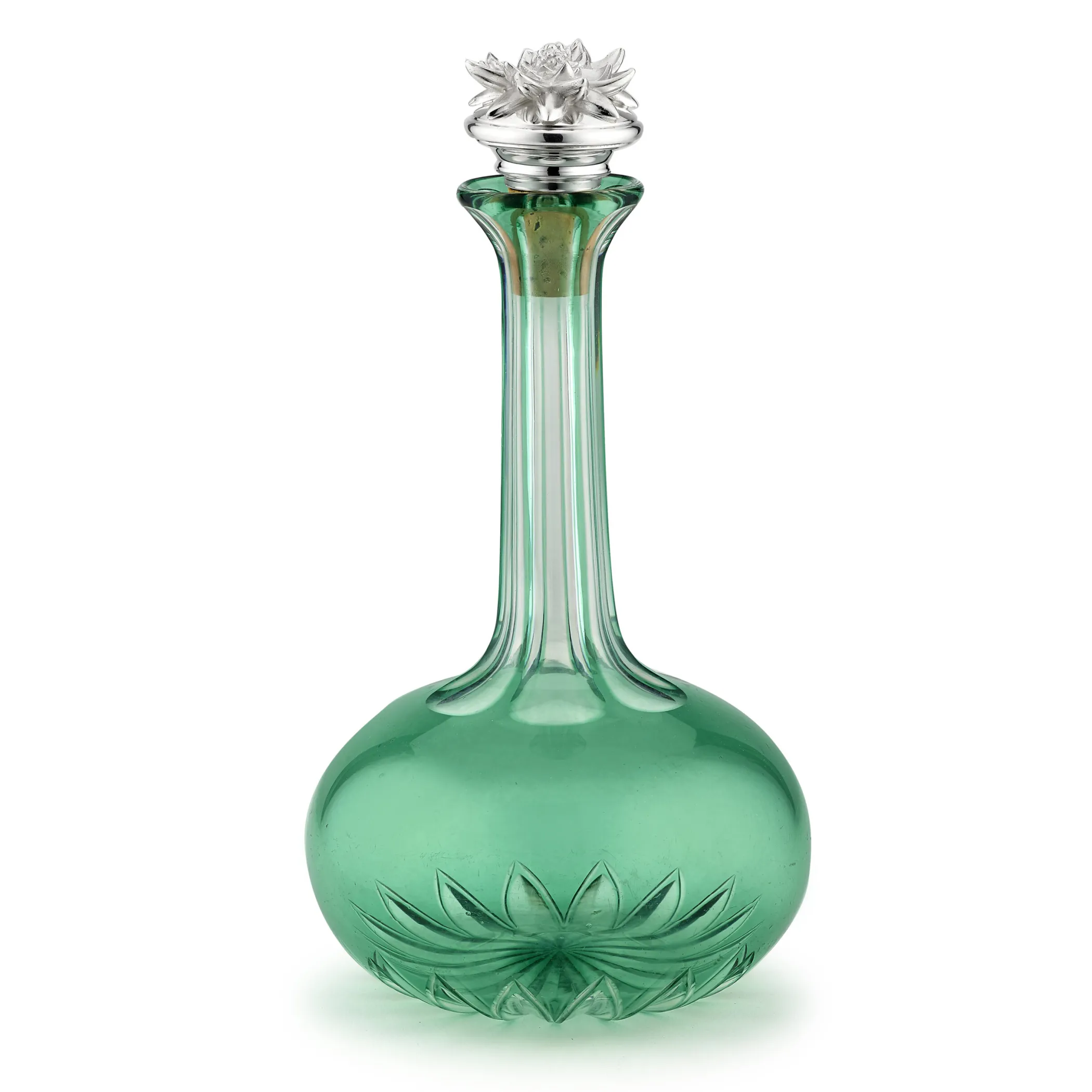 Theo Fennell Silverware*Waterlily Silver Stopper on Mint Green Antique Decanter